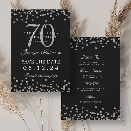Silver 70th Birthday Save Date Details Zwart Kaart