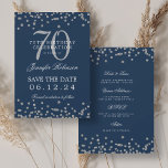 Silver 70th Birthday Save Datum Details Navy Kaart<br><div class="desc">Elegant "70th Birthday Party" ontwerp met faux glitter confetti & details tekst. Makkelijk te gebruiken en makkelijk te personaliseren. Bestel vandaag nog!</div>