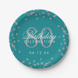 Silver 80th Birthday Glitter Confetti Blauwgroen Papieren Bordje