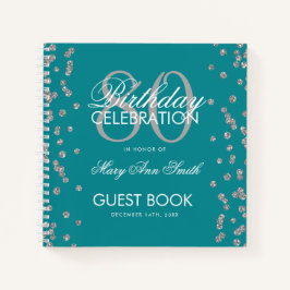 Silver 80th Birthday Guestbook Confetti Blauwgroen Notitieboek