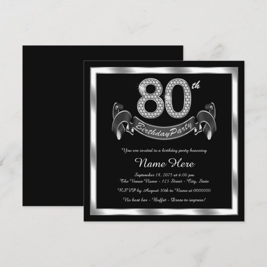 Silver 80th Birthday Party Kaart (Voorkant / Achterkant)