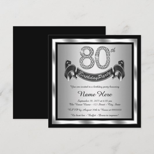 Silver 80th Birthday Party Kaart (Voorkant / Achterkant)