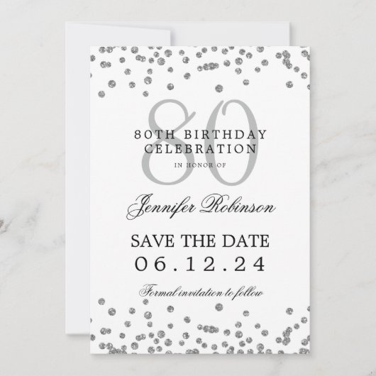 Silver 80th Birthday Save Date Details Kaart (Voorkant)