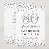 Silver 80th Birthday Save Date Details Kaart (Voorkant / Achterkant)