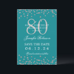Silver 80th Birthday Save Date Details Turquoise Kaart<br><div class="desc">Elegant "70th Birthday Party" ontwerp met faux glitter confetti & details tekst. Makkelijk te gebruiken en makkelijk te personaliseren. Bestel vandaag nog!</div>