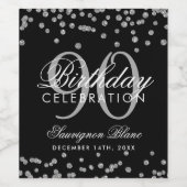 Silver 90th Birthday Glitter Confetti Zwart Wijn Etiket (Enkel label)