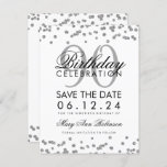 Silver 90th Birthday Save Date Confetti Kaart<br><div class="desc">Het elegante "90th Birthday Party"-ontwerp met Silver Faux Glitter Confetti en aangepaste naam en tekst met details. Eenvoudig te gebruiken en eenvoudig aan te passen. Bestel vandaag nog!</div>