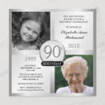 Silver 90th Birthday-uitnodigingen en foto's Kaart<br><div class="desc">Creëer uw eigen elegante 90th Birthday Surprise Party-uitnodigingen. Klassieke Executive style zwart en zilver voor mannen en vrouwen, gepersonaliseerd met dubbele foto lijst inserts voor "Dan & nu" afbeeldingen — Pas de naam, datum en details aan voor je speciale viering. Kan gemakkelijk worden aangepast voor andere speciale gelegenheden, bedrijfsevenementen, pensionering...</div>