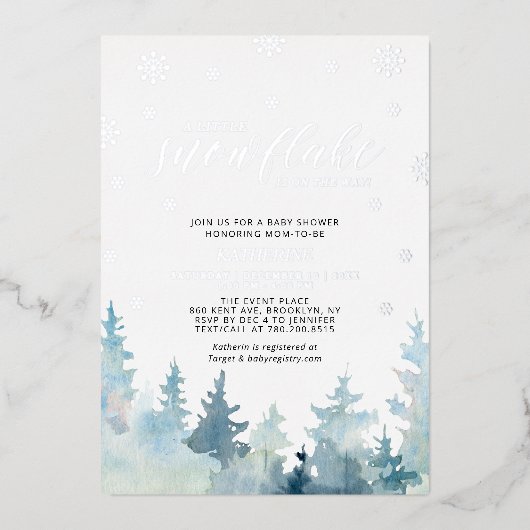 Silver A Little Snowflake Winter Trees Baby shower Folie Uitnodiging (Voorkant)