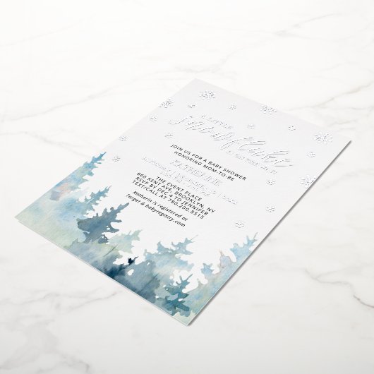 Silver A Little Snowflake Winter Trees Baby shower Folie Uitnodiging (Gedraaid)