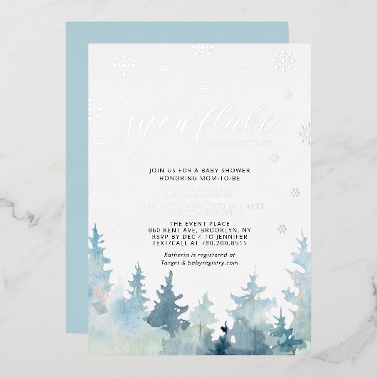 Silver A Little Snowflake Winter Trees Baby shower Folie Uitnodiging (Voorkant / Achterkant)