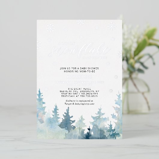 Silver A Little Snowflake Winter Trees Baby shower Folie Uitnodiging (Staand Voorkant)