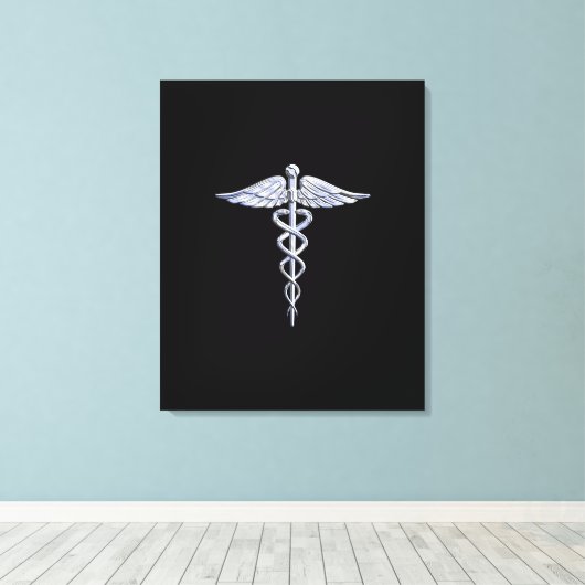 Silver-achtige medische symbolen van Caduceus op h Canvas Afdruk (Insitu (Houten vloer))