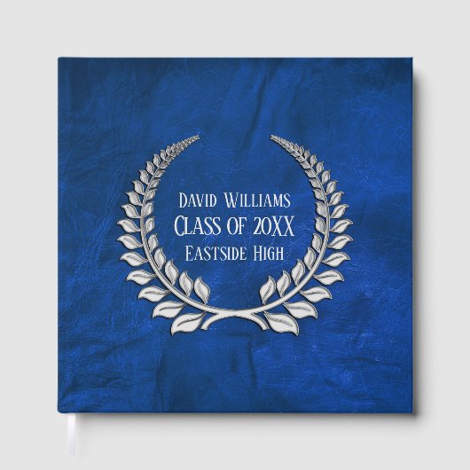 Silver Afstuderen Laurel op blauw leder Gastenboek (Voorkant)
