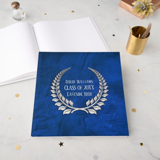 Silver Afstuderen Laurel op blauw leder Gastenboek (Voorkant open)