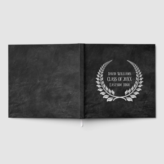 Silver Afstuderen Laurel op zwart leder Gastenboek (Volledig)
