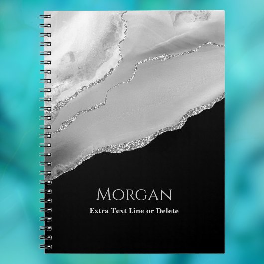 Silver Agate & Glitter, Naam & Tekstlijn op Zwart Notitieboek