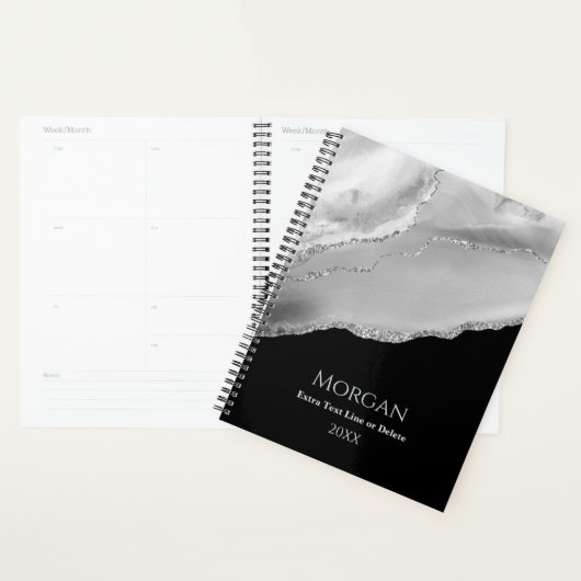 Silver Agate & Glitter, Naam & Tekstlijn op Zwart Planner (Display)