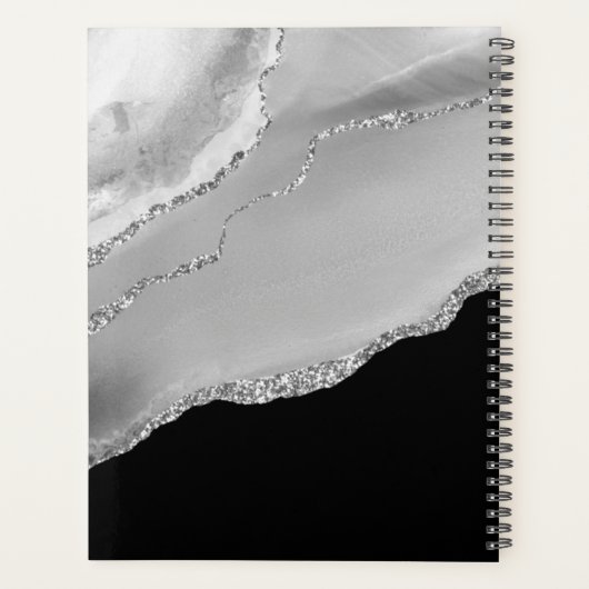 Silver Agate & Glitter, Naam & Tekstlijn op Zwart Planner (Achterkant)
