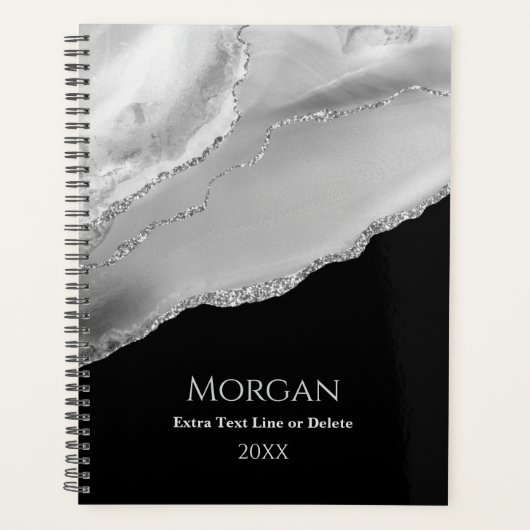 Silver Agate & Glitter, Naam & Tekstlijn op Zwart Planner (Voorkant)