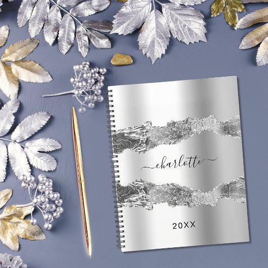 Silver agate marble name script elegant 2023 planner