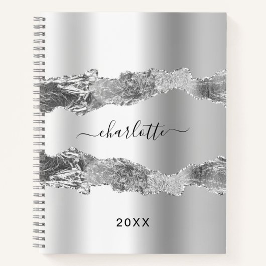 Silver agate marble name script elegant notitieboek (Voorkant)