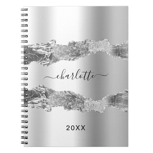 Silver agate marble name script elegant notitieboek (Voorkant)