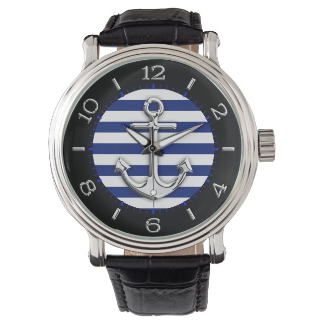 Silver Anchor op Navy Blue Stripes Dial Horloge (Voorkant)
