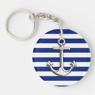 Silver Anchor op Navy Blue Stripes Sleutelhanger