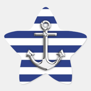 Silver Anchor op Navy Blue Stripes Ster Sticker