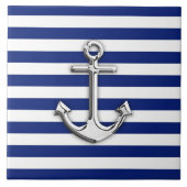 Silver Anchor op Navy Blue Stripes Tegeltje (Voorkant)
