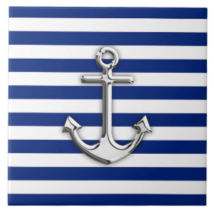 Silver Anchor op Navy Blue Stripes Tegeltje