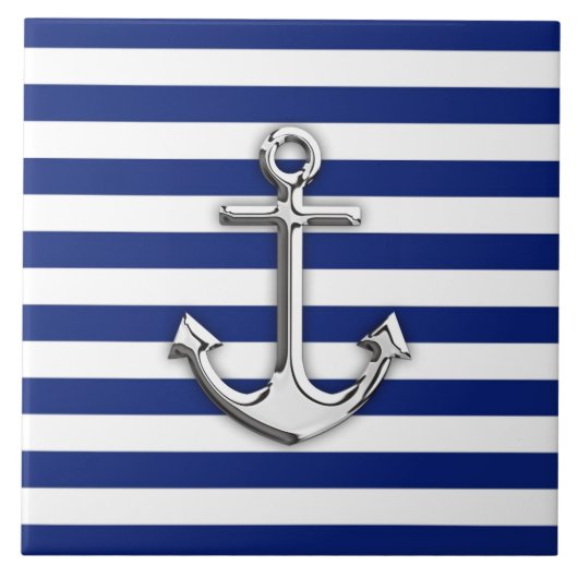 Silver Anchor op Navy Blue Stripes Tegeltje (Voorkant)