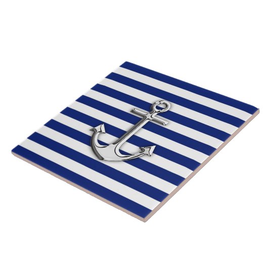 Silver Anchor op Navy Blue Stripes Tegeltje (Zijkant)