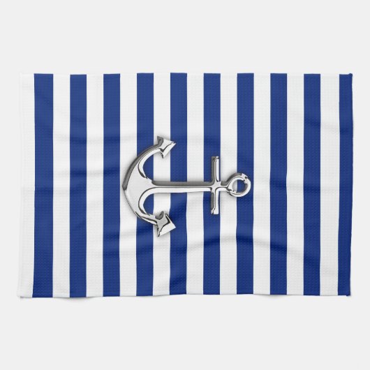 Silver Anchor op Navy Blue Stripes Theedoek (Horizontaal)