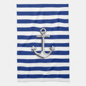 Silver Anchor op Navy Blue Stripes Theedoek (Verticaal)
