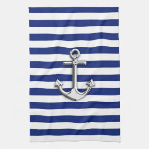 Silver Anchor op Navy Blue Stripes Theedoek