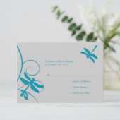 Silver and Aqua Blue Dragonfly Wedding RSVP (Staand voorkant)