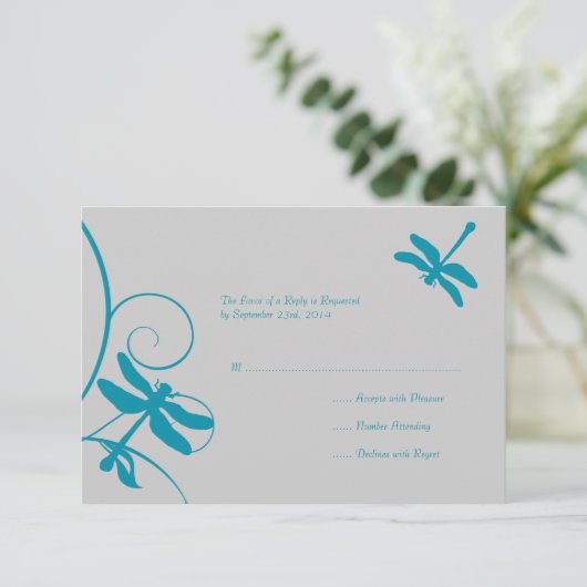Silver and Aqua Blue Dragonfly Wedding RSVP (Staand voorkant)