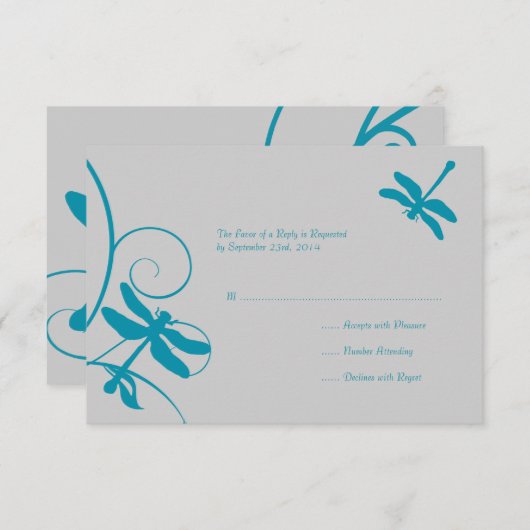 Silver and Aqua Blue Dragonfly Wedding RSVP (Voorkant / Achterkant)