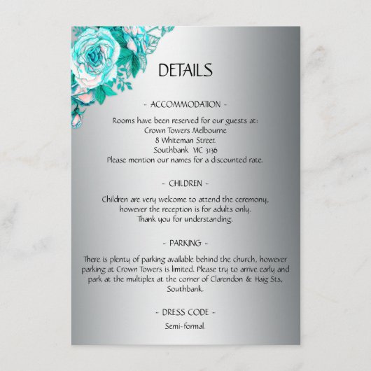 Silver and Aqua Rozen Weddenschap Details Informatiekaartje (Voorkant)