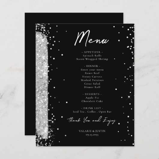 Silver and Black Glitter Wedding Menu Flyer (Voorkant / Achterkant)