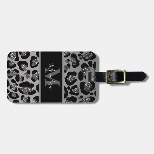 silver and black glittery monogramed personalized bagagelabel (Voorkant horizontaal)