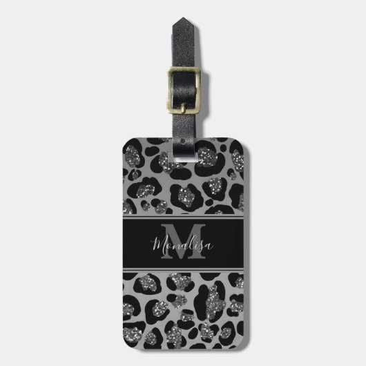 silver and black glittery monogramed personalized bagagelabel (Voorkant verticaal)