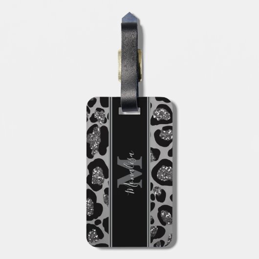silver and black glittery monogramed personalized bagagelabel (Achterkant verticaal)