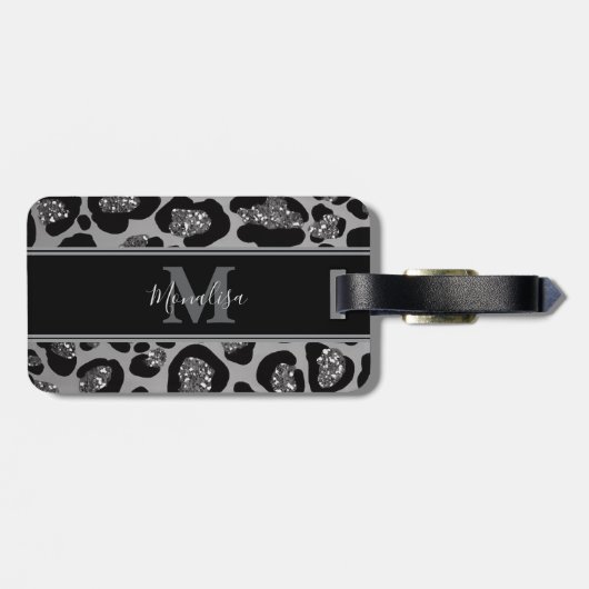 silver and black glittery monogramed personalized bagagelabel (Achterkant horizontaal)