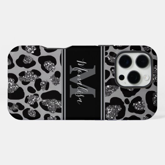 silver and black glittery monogramed personalized iPhone hoesje (Achterkant horizontaal)