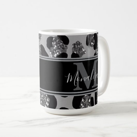 silver and black glittery monogramed personalized koffiemok (Voorkant rechts)