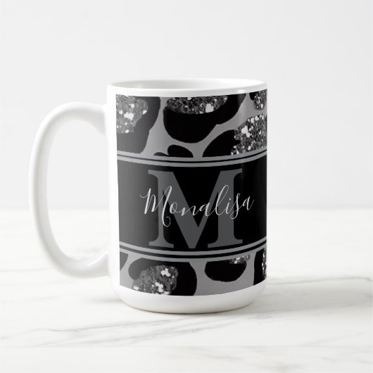 silver and black glittery monogramed personalized koffiemok (Links)
