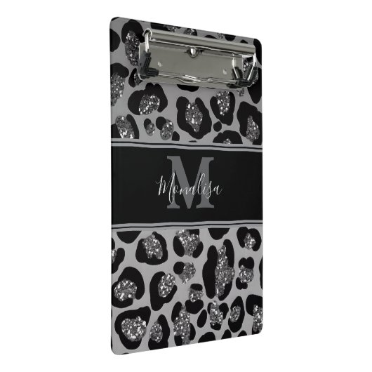 silver and black glittery monogramed personalized mini klembord (Schuin)